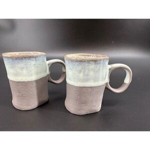 Pair Market Stoneware Mugs Blue/Tan Glazed Ceramic Mini 2 1/2" Cup Shot Glasses